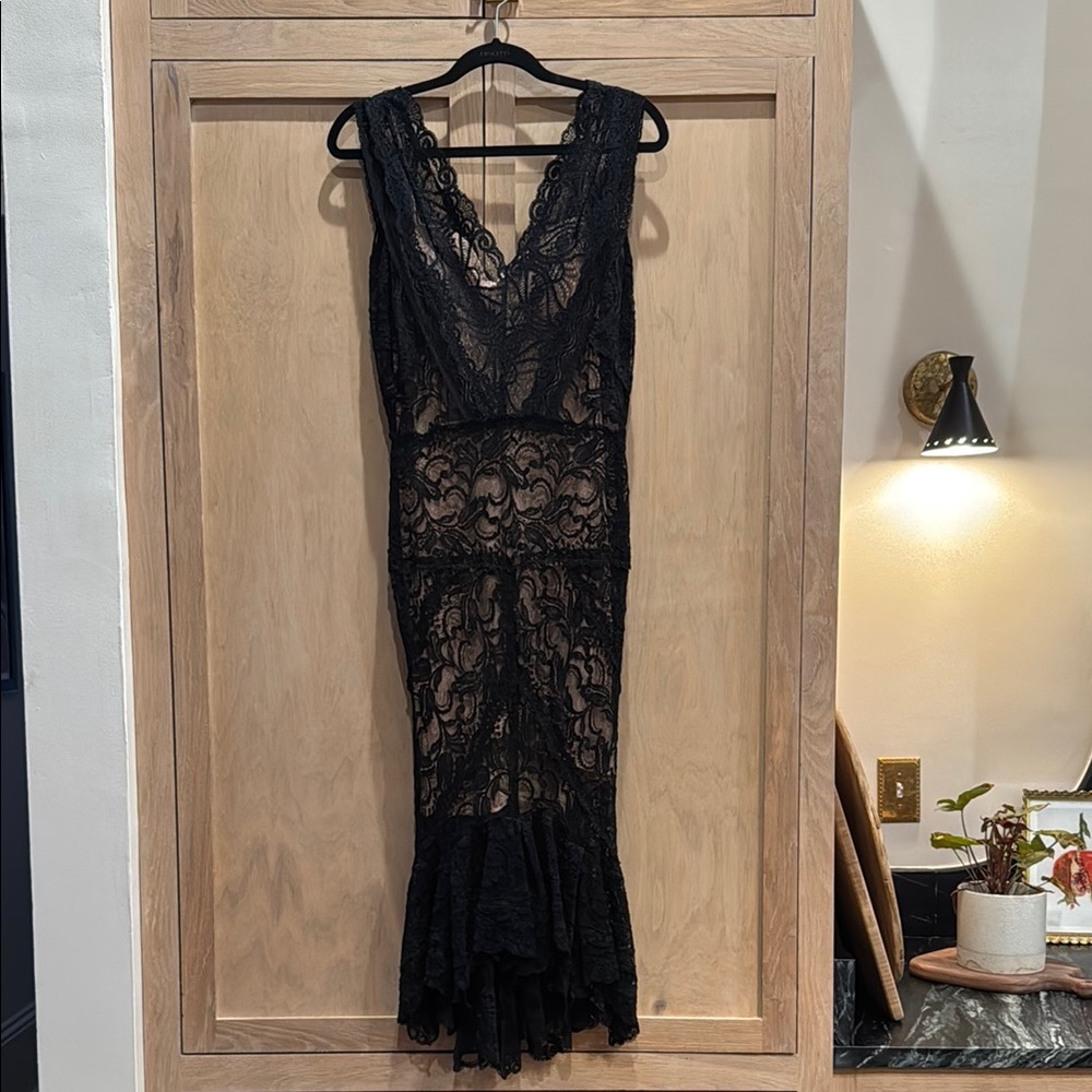 Black Lace Chemise with V-Neckline & Ruffled Hem
